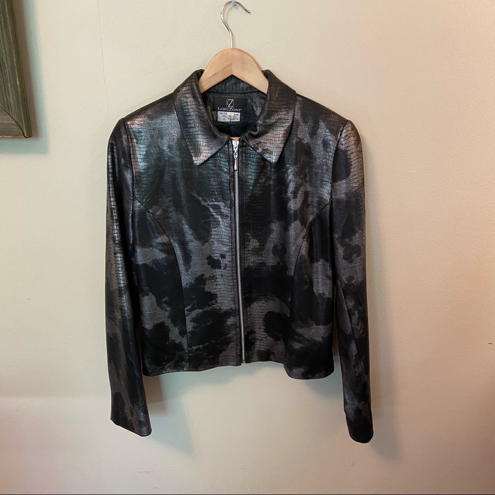 LORIZONI Womens 100% Silk Zip-Front Black/Silver Reptile Lined Jacket-SMALL.